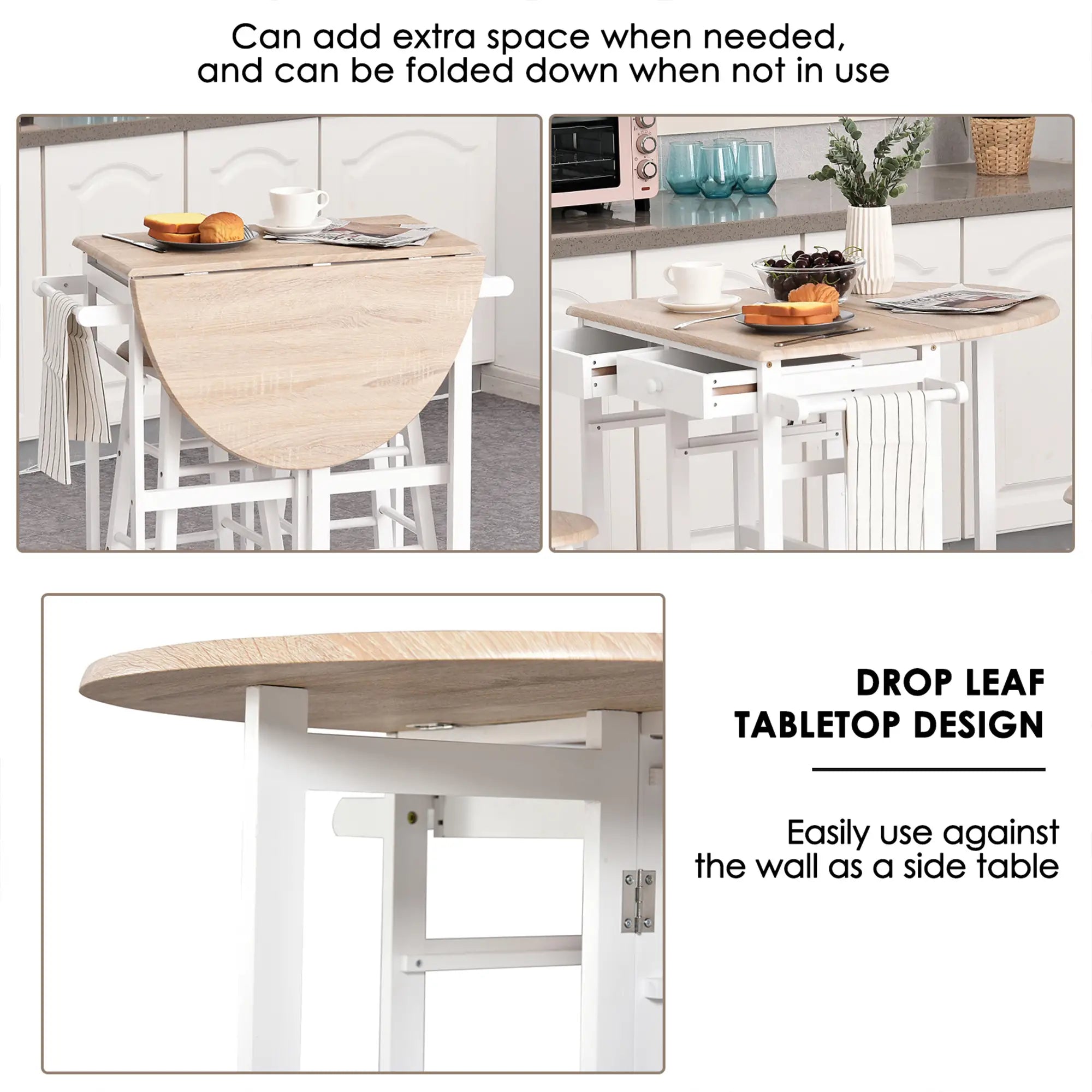 3 Piece Kitchen Cart Set, Drop Leaf Table, 2 Stools, Rolling Wheels, Wood, White Kitchen Islands & Kitchen Carts at Gallery Canada