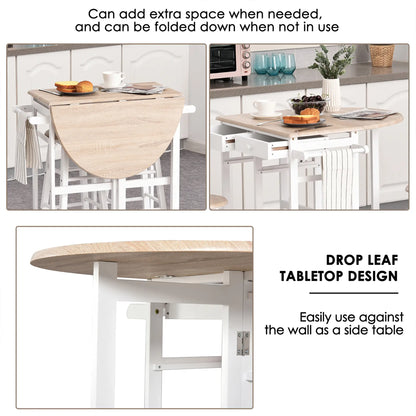 3 Piece Kitchen Cart Set, Drop Leaf Table, 2 Stools, Rolling Wheels, Wood, White Kitchen Islands & Kitchen Carts at Gallery Canada