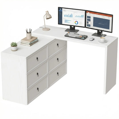L Shaped Computer Desk, 6 Drawers, White Wood Grain, White Computer Desks at Gallery Canada