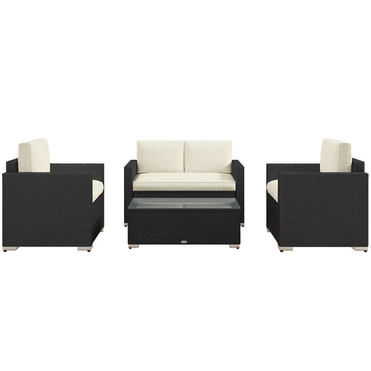 Outdoor Wicker Furniture Set with Table, Loveseat & 2 Chairs, Cream Patio Furniture Sets Black Rattan, Cream Cushion at Gallery Canada