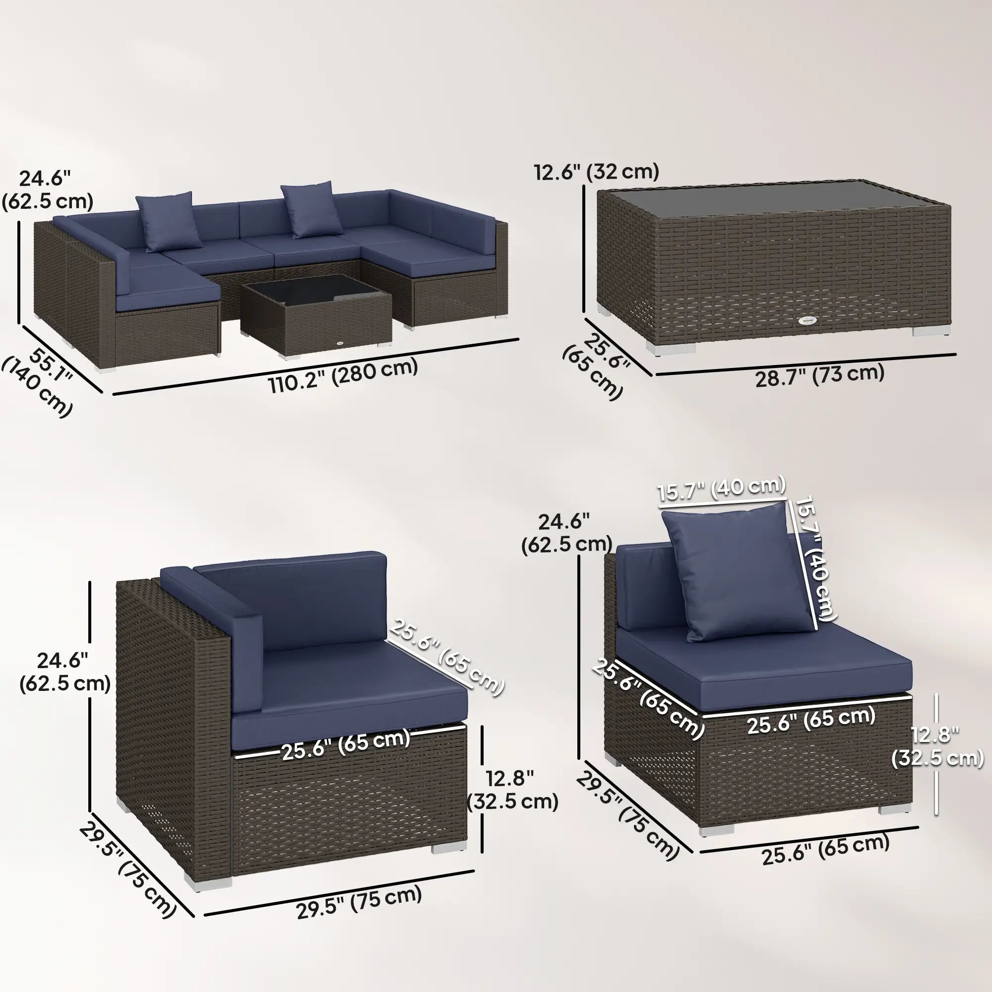 7pc Garden Wicker Sectional Set, Patio Rattan Lounge Sofa, Navy Blue Patio Furniture Sets at Gallery Canada