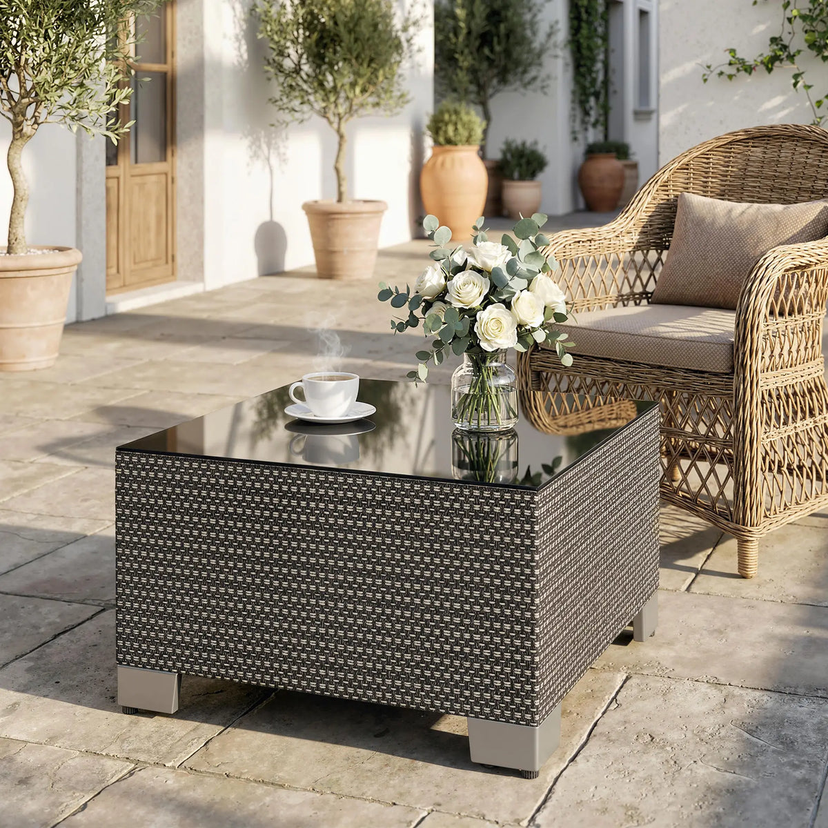 21.7" Square Patio Table, Tempered Glass Top, Black Patio Side Tables at Gallery Canada