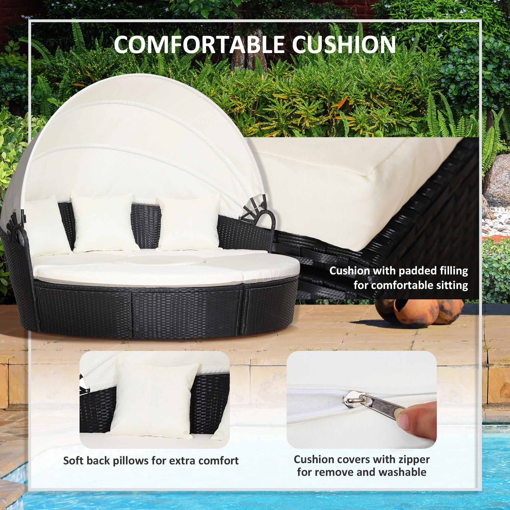 Outdoor Daybed with Canopy, PE Rattan Wicker Round Sofa, Patio Set with Cushions, Cream White Daybeds at Gallery Canada