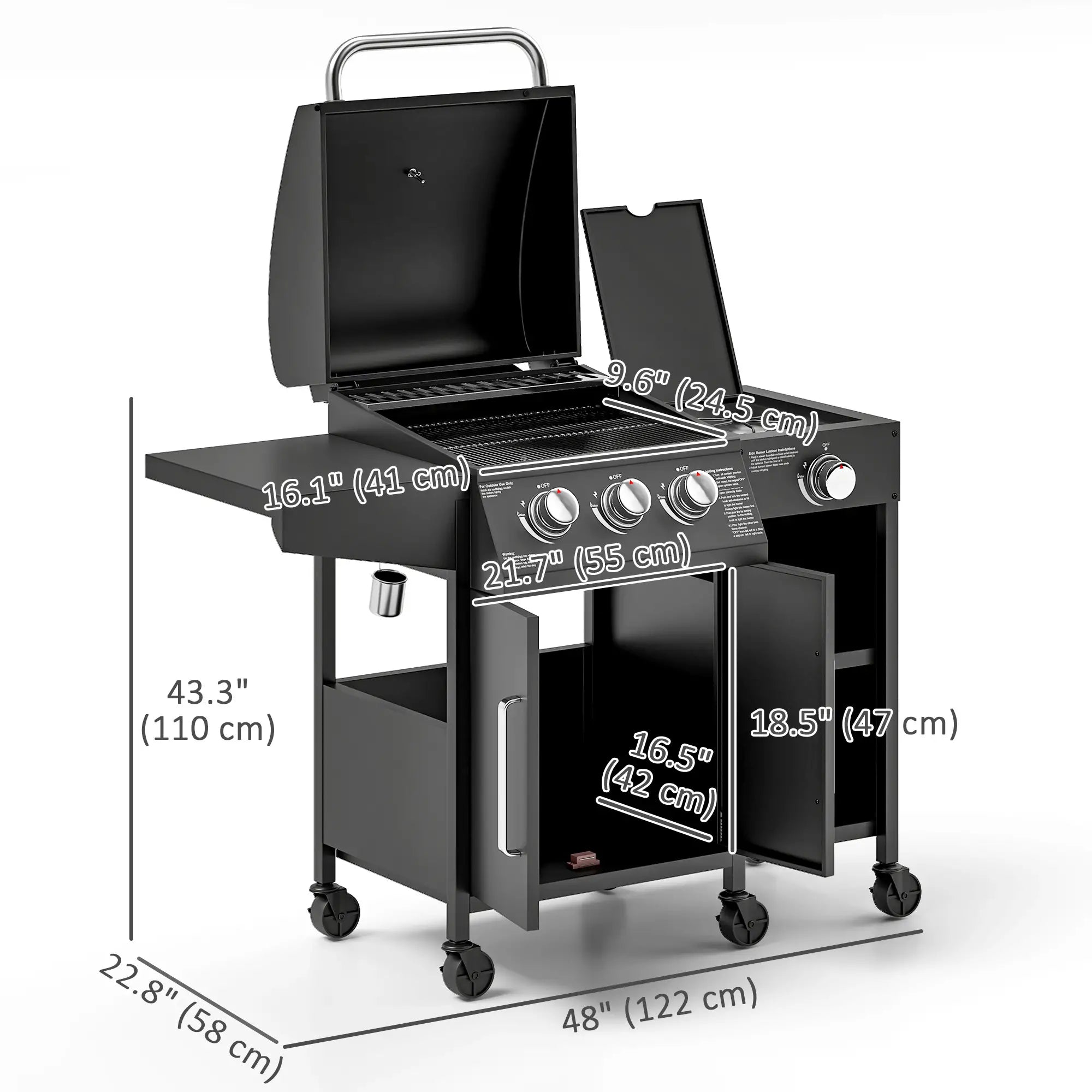 3 Burner Gas Grill With Side Burner, 9.5 KW Propane BBQ Grill, Cabinet Style Propane Gas Grills at Gallery Canada