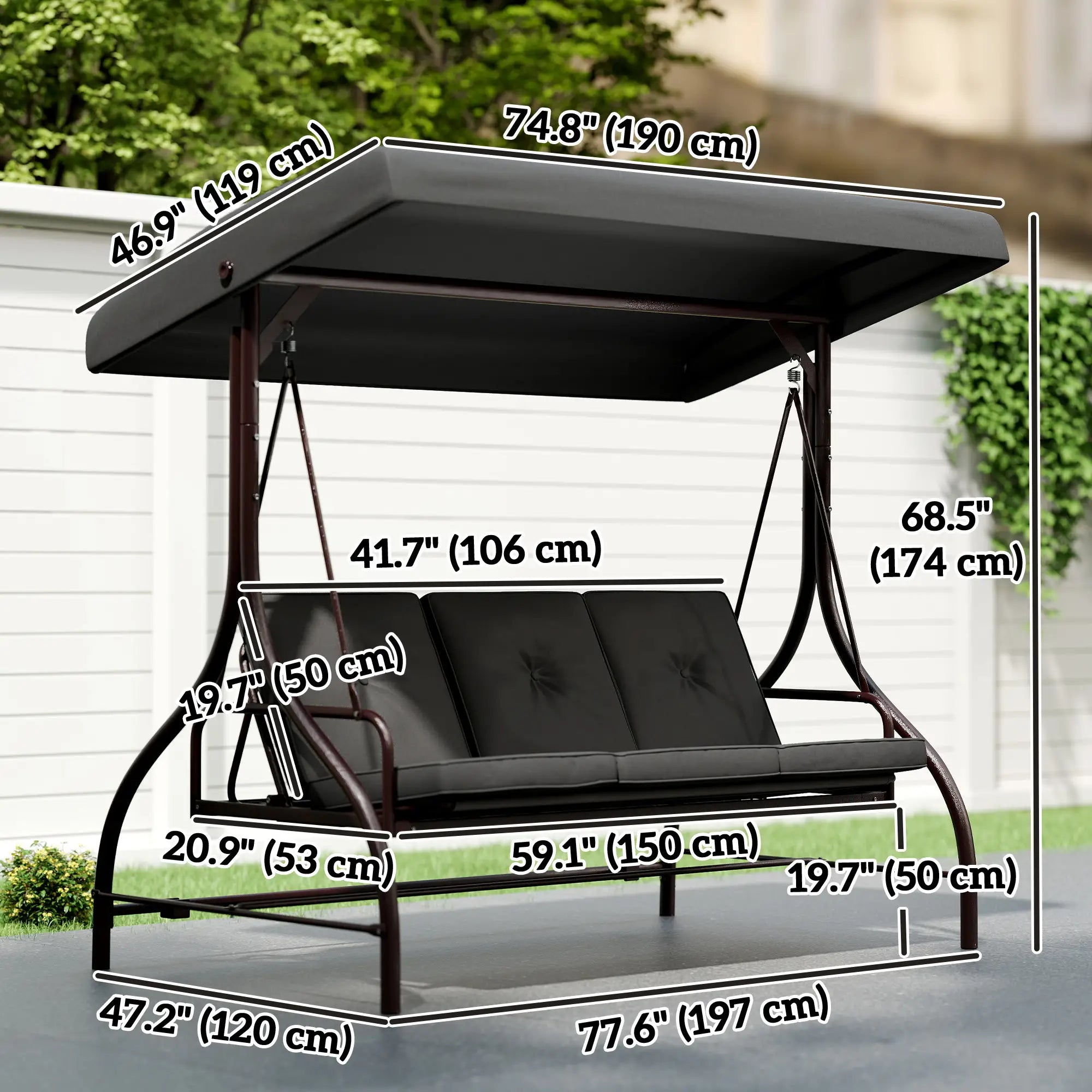 Convertible Patio Swing Bed With Canopy, Cushions, 3 Seater, Dark Grey Patio Swings with Stand at Gallery Canada