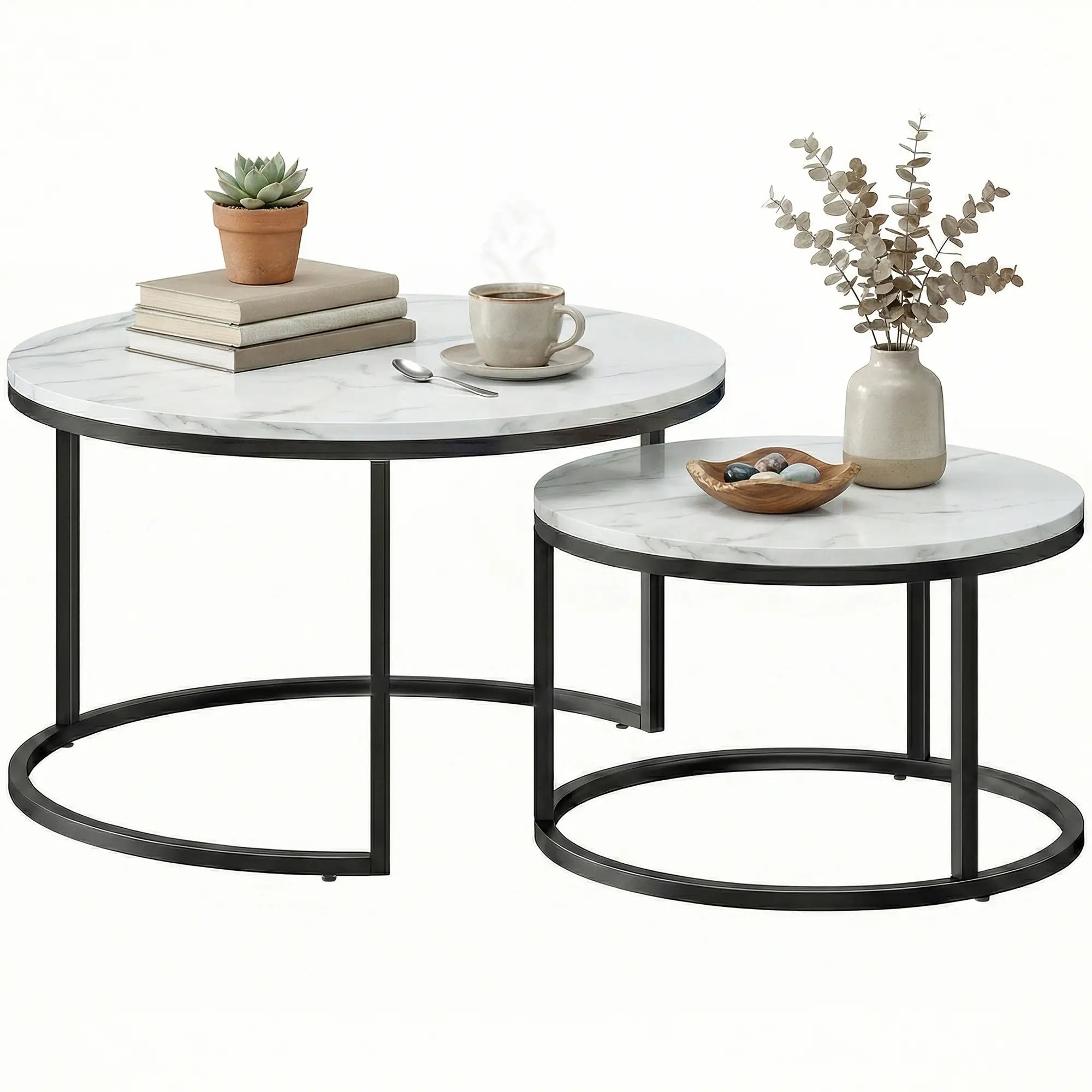 Modern Coffee Table Set, 2 Nesting Tables, Metal Base, Marble White, White Coffee Tables Marble White at Gallery Canada