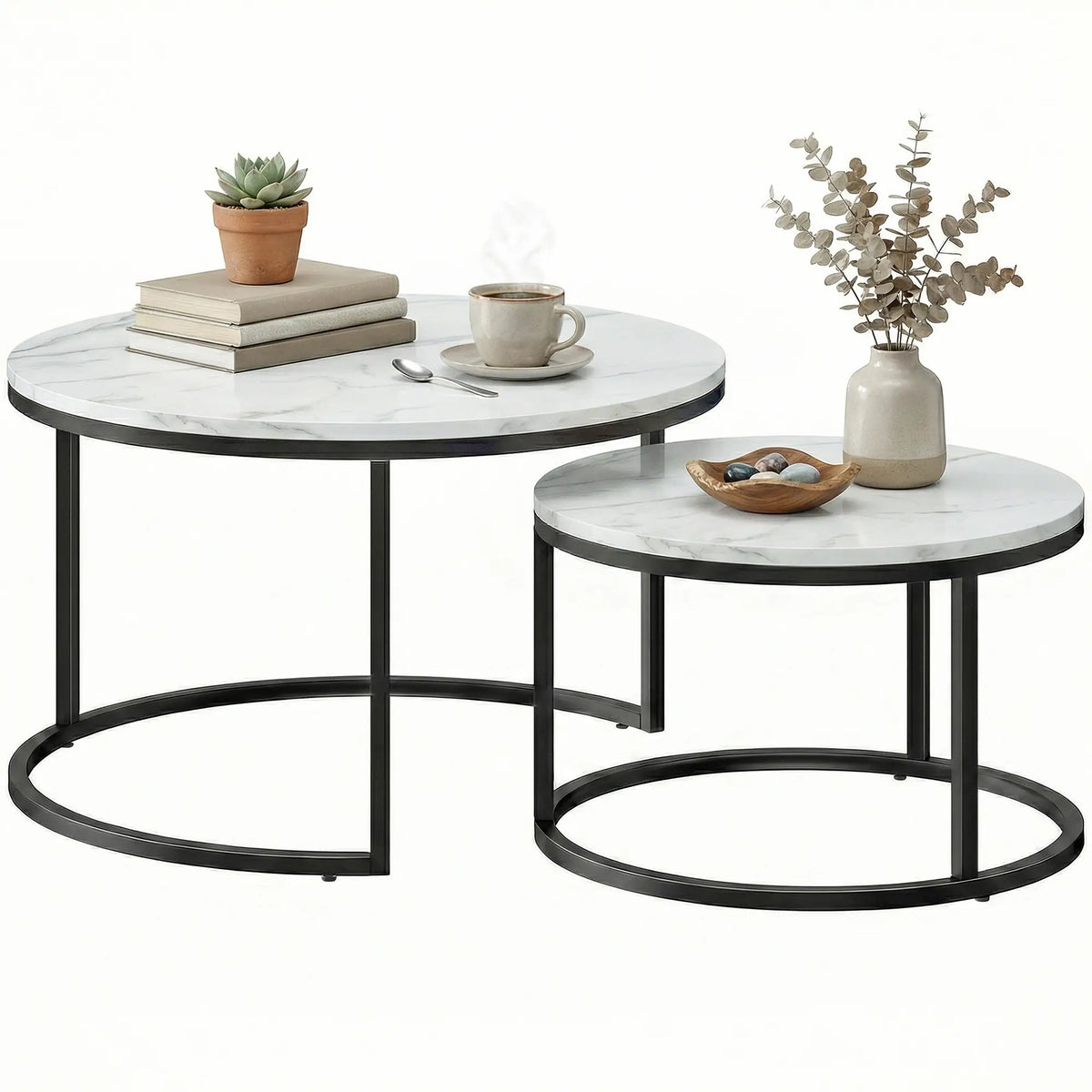 Modern Coffee Table Set, 2 Nesting Tables, Metal Base, Marble White, White Coffee Tables Marble White at Gallery Canada