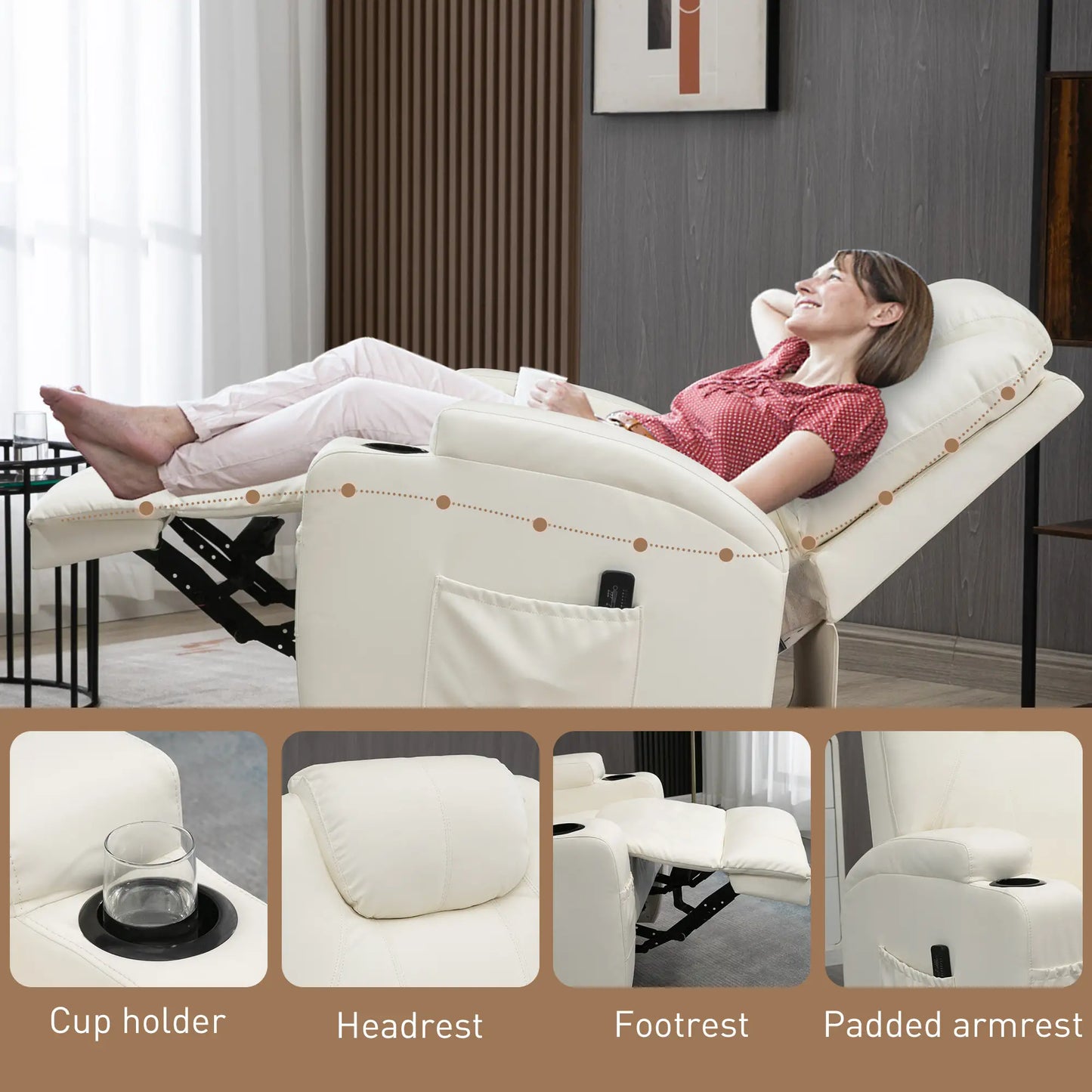 Massage Recliner Chair, Swivel Rocker, 8 Vibration Points, PU Leather, Cream White Massage Chairs at Gallery Canada