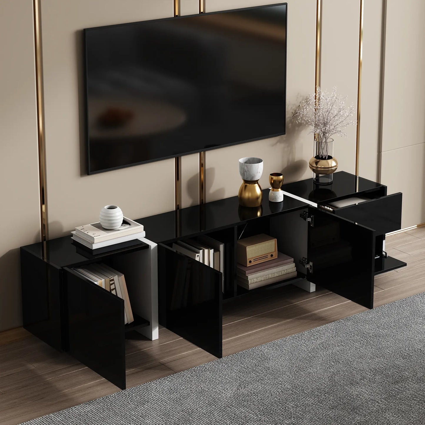 TV Cabinet, High Gloss Finish, LED Light, 67" L x 11.5" W x 11.5" H, Black TV Stands at Gallery Canada