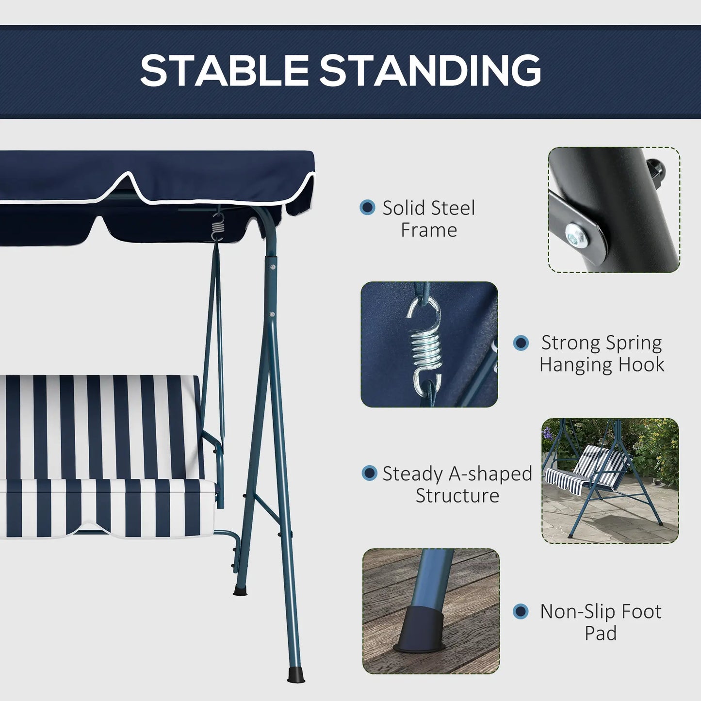 3-Seater Outdoor Porch Swing, Adjustable Canopy, and White, Blue Patio Swings with Stand at Gallery Canada