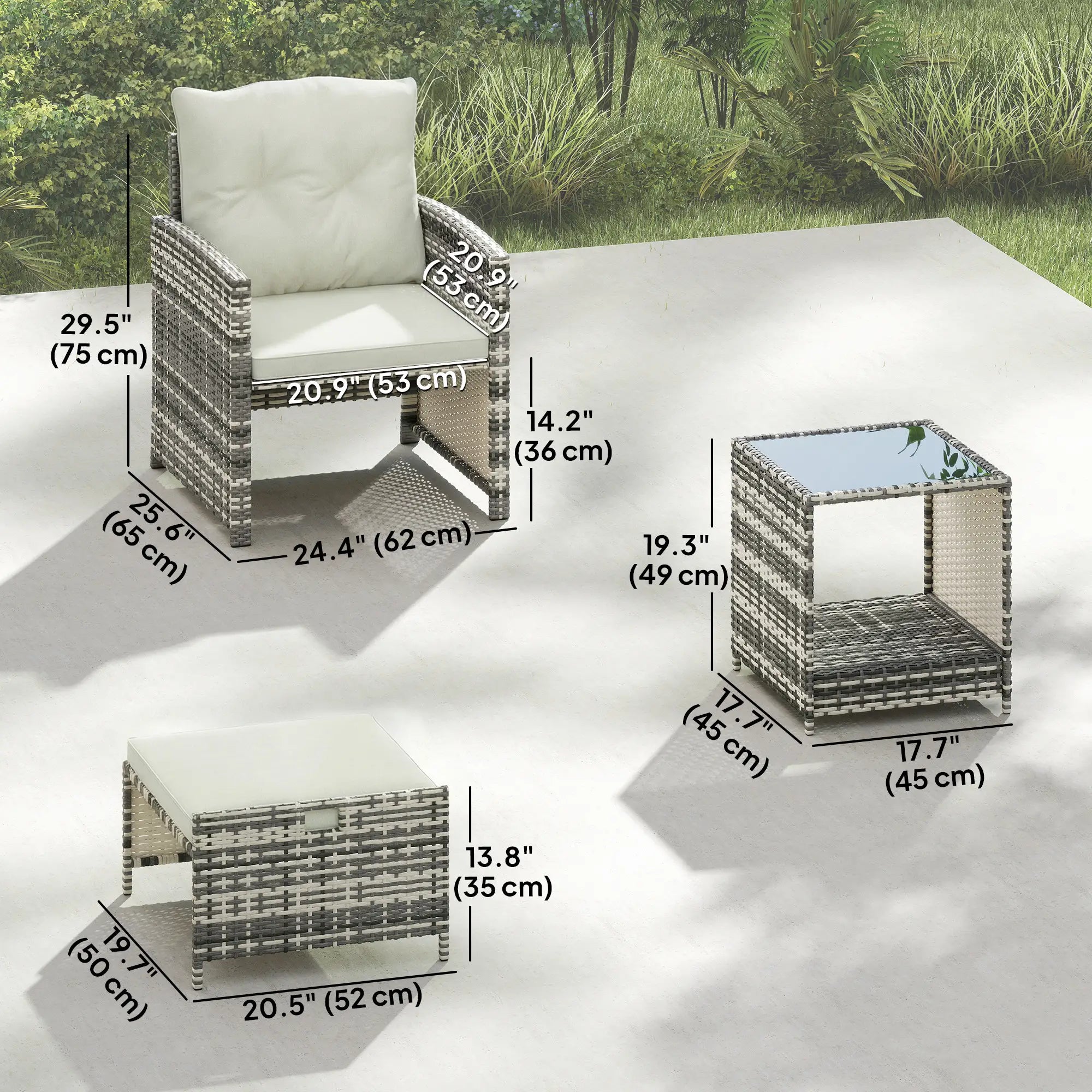 5 Piece Patio Furniture Set, Wicker Chairs With Ottomans, 2-Tier Glass Coffee Table, Grey/Cream White Patio Furniture Sets at Gallery Canada