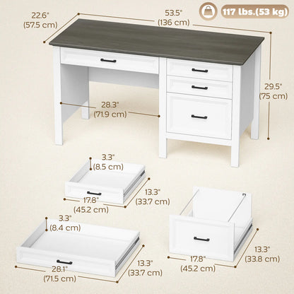 54" Farmhouse Executive Desk, Computer Desk With Drawers, White Computer Desks at Gallery Canada