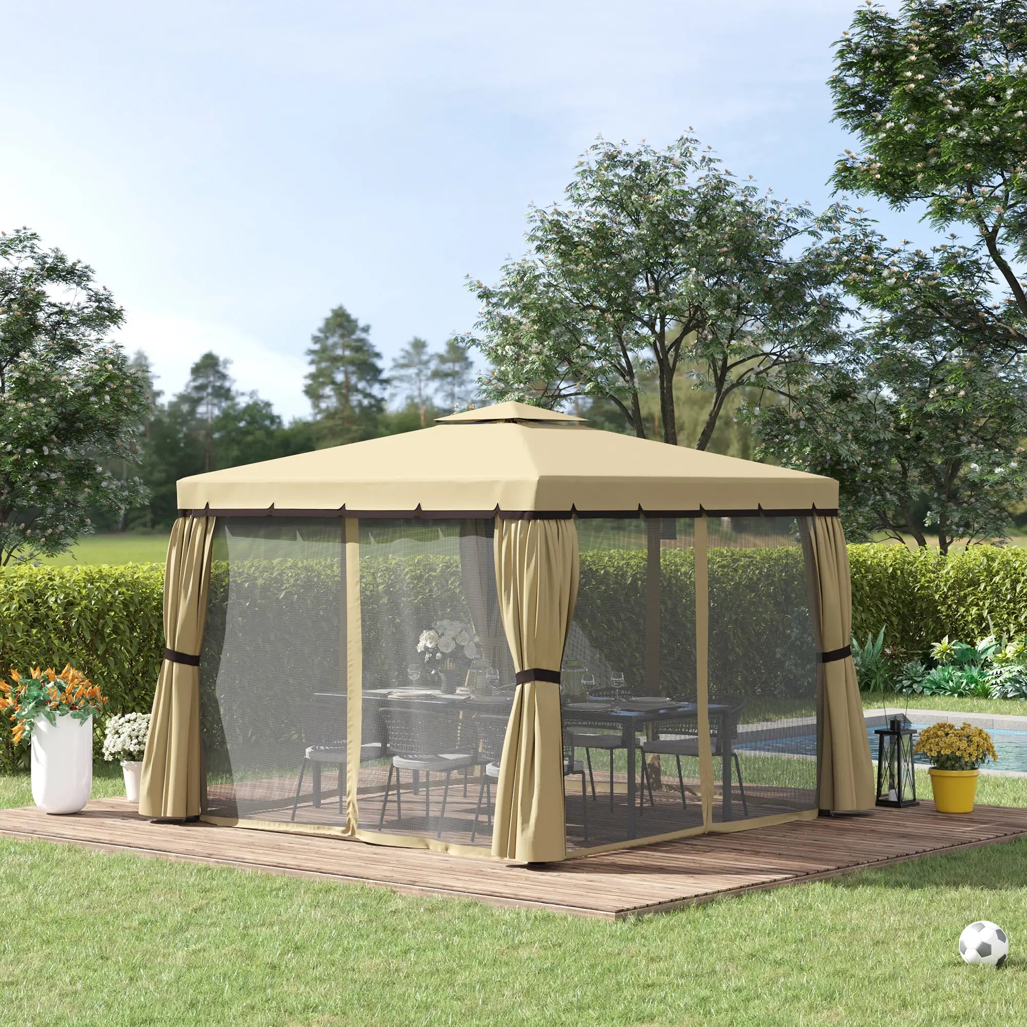 10' x 10' 2-Tier Gazebo, Zippered Mesh Sidewalls, Aluminum Frame, Beige Gazebos at Gallery Canada