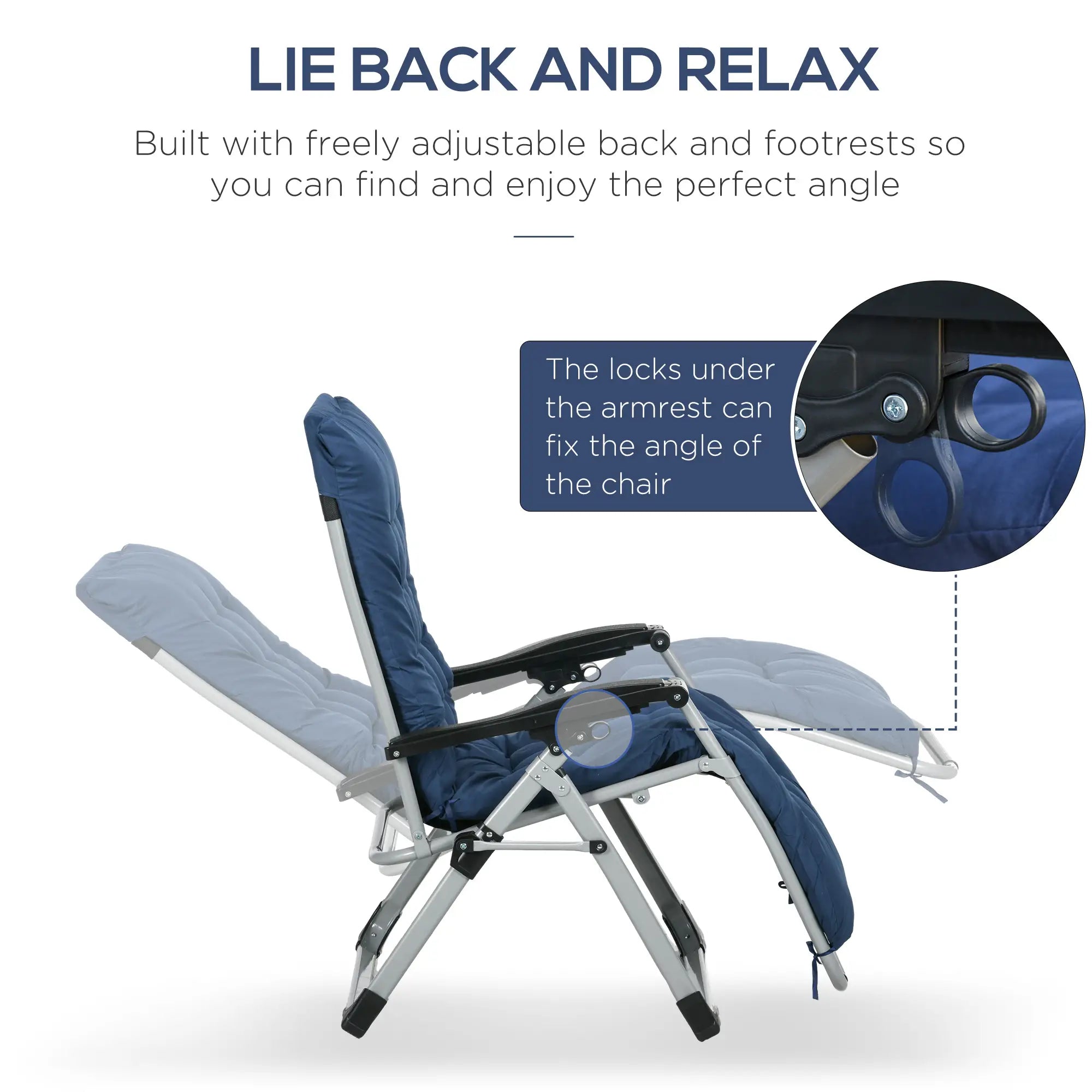 Folding Garden Chairs Set of 2, Reclining Zero Gravity, Dark Blue Lounger Chairs at Gallery Canada