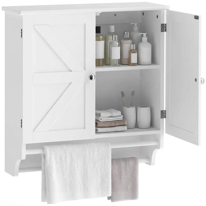 Bathroom Wall Cabinet with Adjustable Shelf, 2 Doors, Towel Racks, White