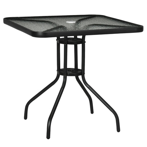 Square Patio Dining Table, Tempered Glass Top, Umbrella Hole, Black