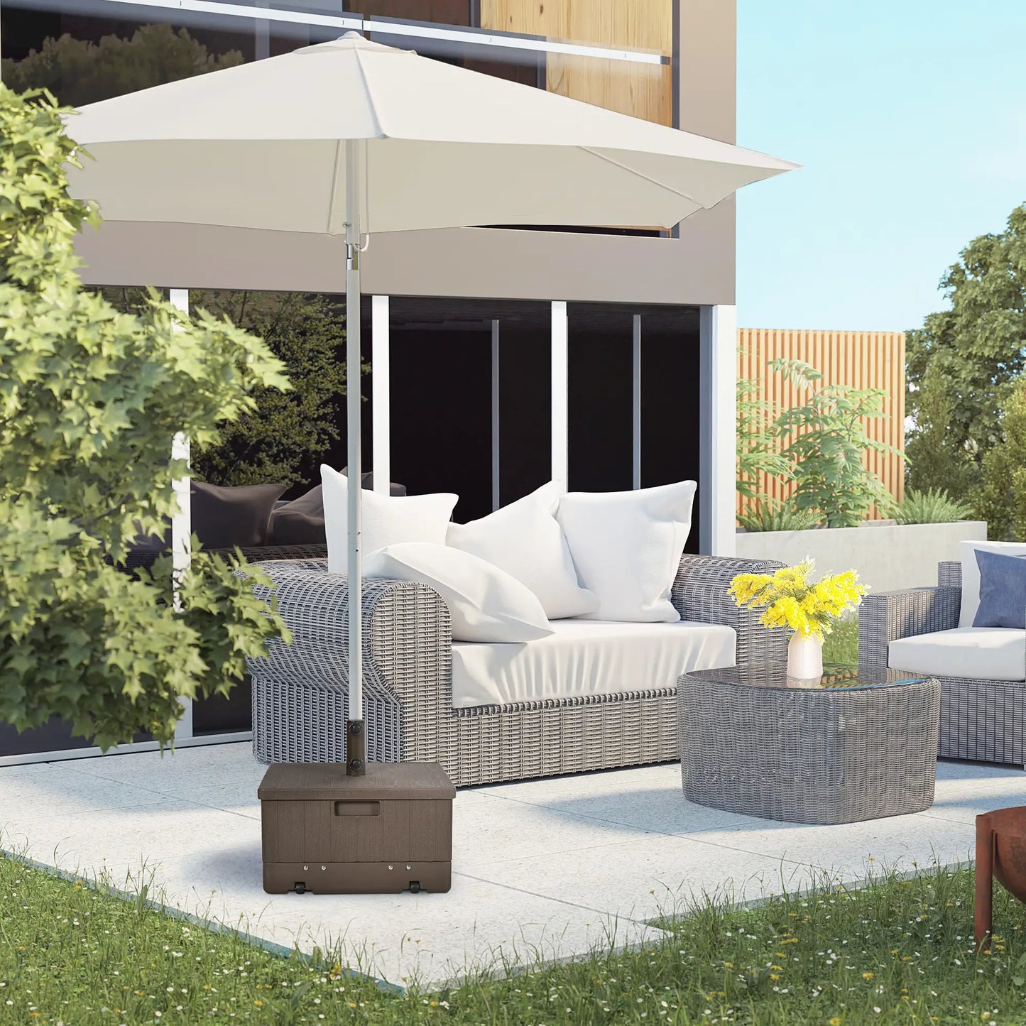 3-in-1 Outdoor Umbrella Base with Wheels, Side Table, Planter Box, 175lbs, Brown Umbrella Bases at Gallery Canada