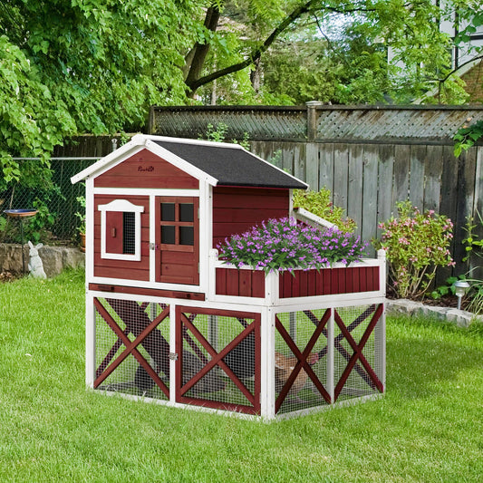 44" Chicken Coop, Wooden Hen Run House, Rabbit Hutch with Nesting Box, Removable Tray, Asphalt Roof, Planting Lattice, Red - Gallery Canada