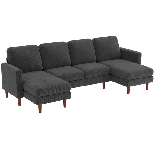 U Shaped Sectional Sofa, 2200lb Capacity, Corduroy, Double Chaise, Dark Grey