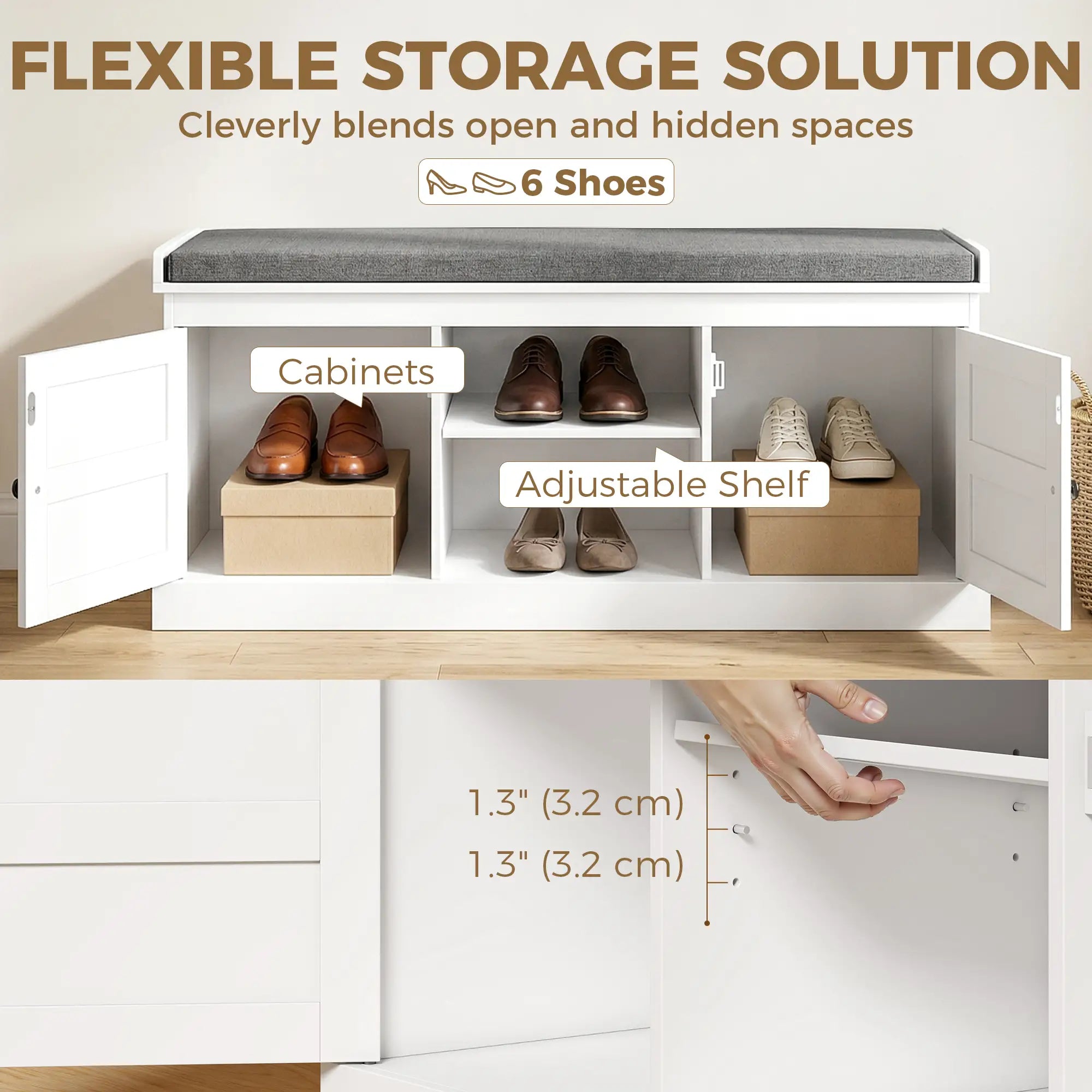 2-in-1 Coat Rack Shoe Bench With 6 Hooks, White Grey Shoe Storage Cabinets & Racks at Gallery Canada