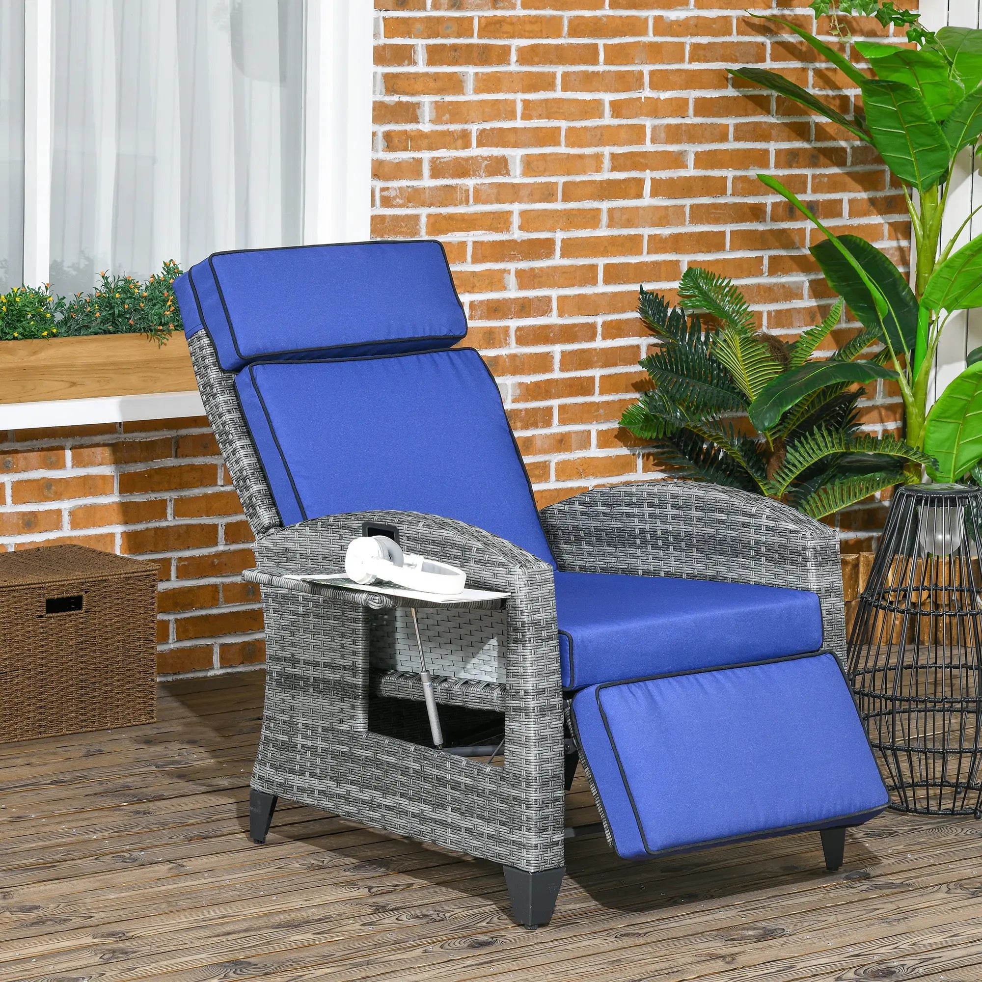 Outdoor Recliner Chair, Adjustable Backrest, Cushion, Side Tray, Dark Blue Wicker Chaise Loungers at Gallery Canada