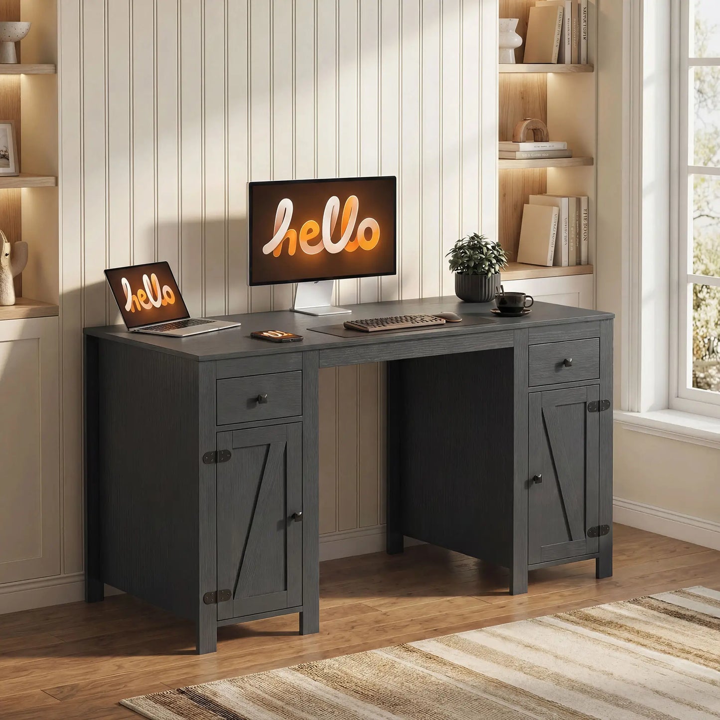 53" Farmhouse Executive Desk, Computer Desk With Drawers, Black Wood Grain, Black Writing Desks at Gallery Canada