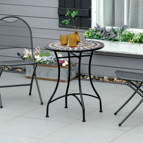 Round Mosaic Patio Table, Metal Frame, Outdoor Garden Furniture, Black