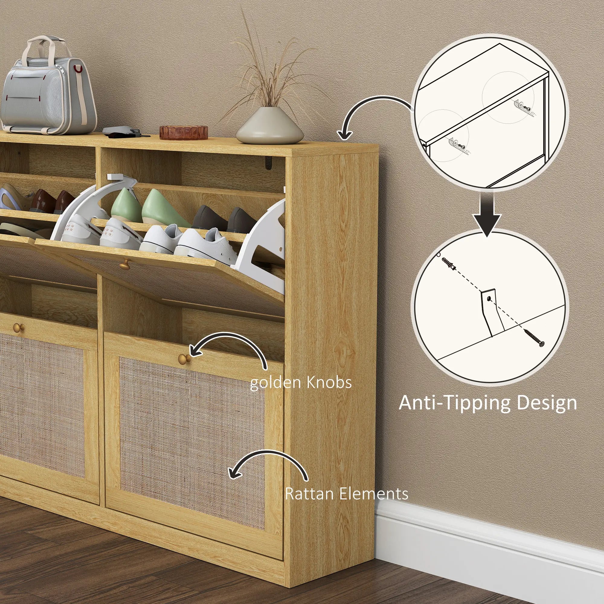Narrow Shoe Storage Cabinet, 4 Flip Drawers, Adjustable Shelves, 20 Pairs, Oak Shoe Storage Cabinets & Racks at Gallery Canada