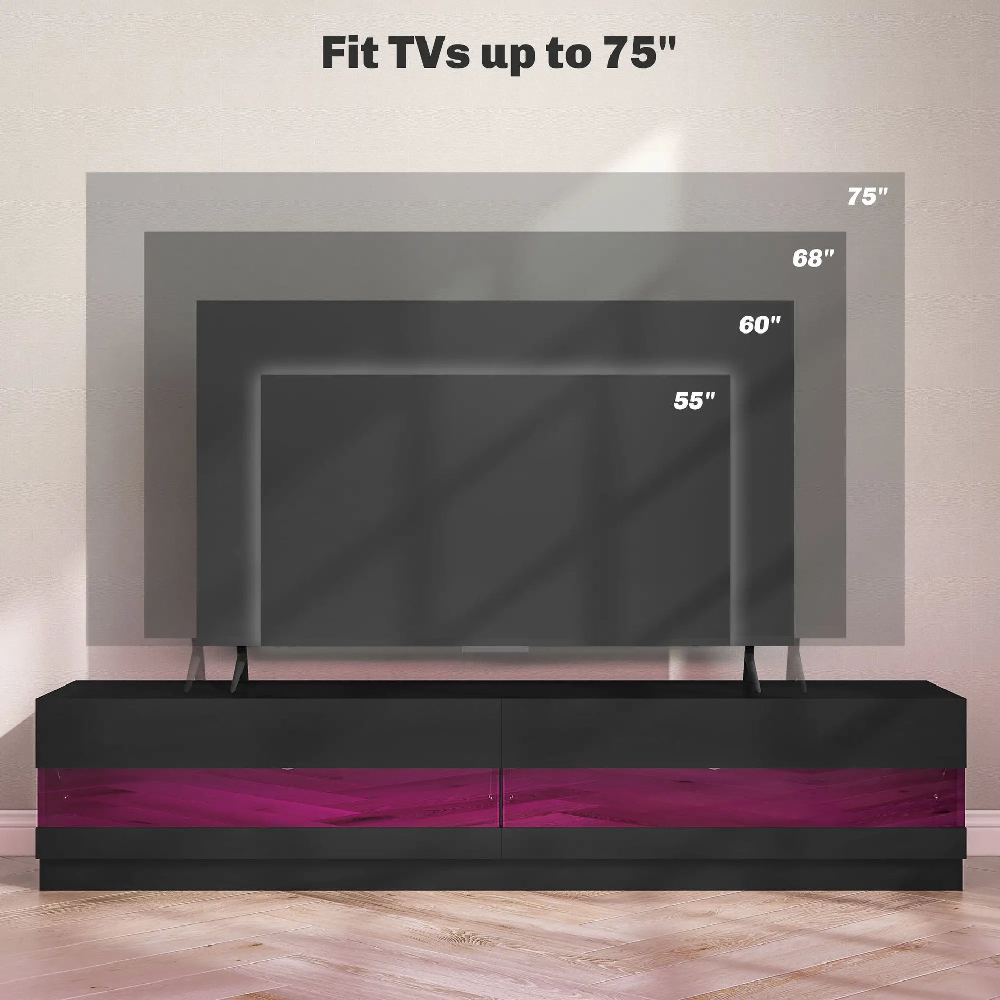 Lighted TV Stand for 75" TVs, TV Cabinet with Storage, High Gloss, Black TV Stands at Gallery Canada