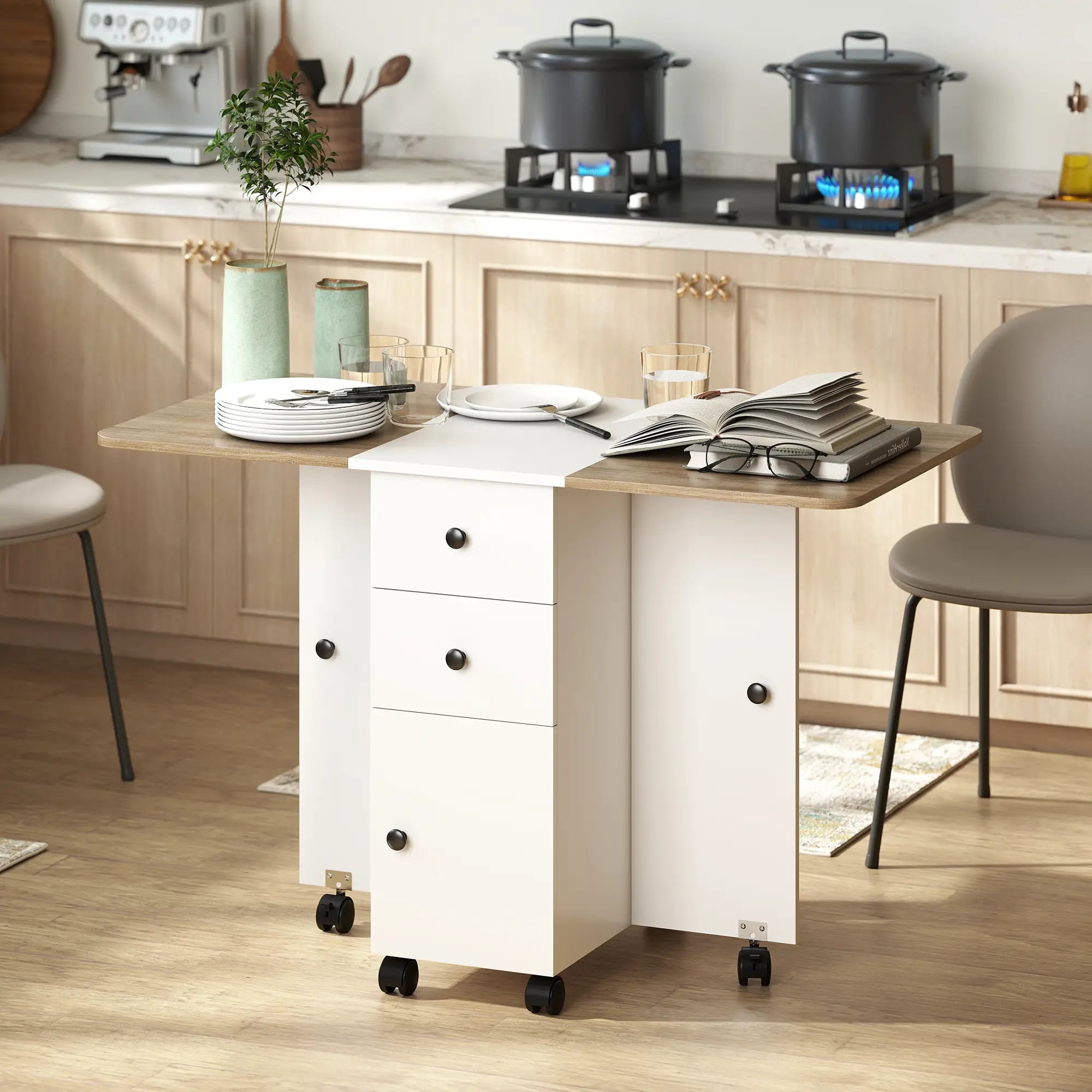 Mobile Drop Leaf Dining Table On Wheels, White And Oak, White