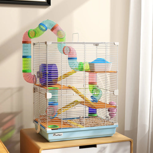 5-Tier Hamster Cage with Wheels, Tube, Water Bottle, Light Blue