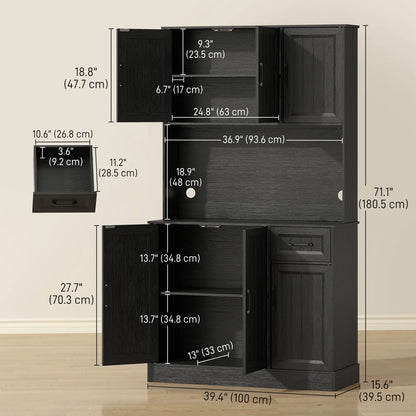 71 Inch Pantry Cabinet with Charging Station, Microwave Stand, Adjustable Shelves, Black Kitchen Pantry Cabinets at Gallery Canada