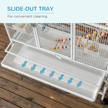 71" Bird Cage With Wheels, Perches, Ramp, Storage Shelf, Toys, White Bird Cages at Gallery Canada