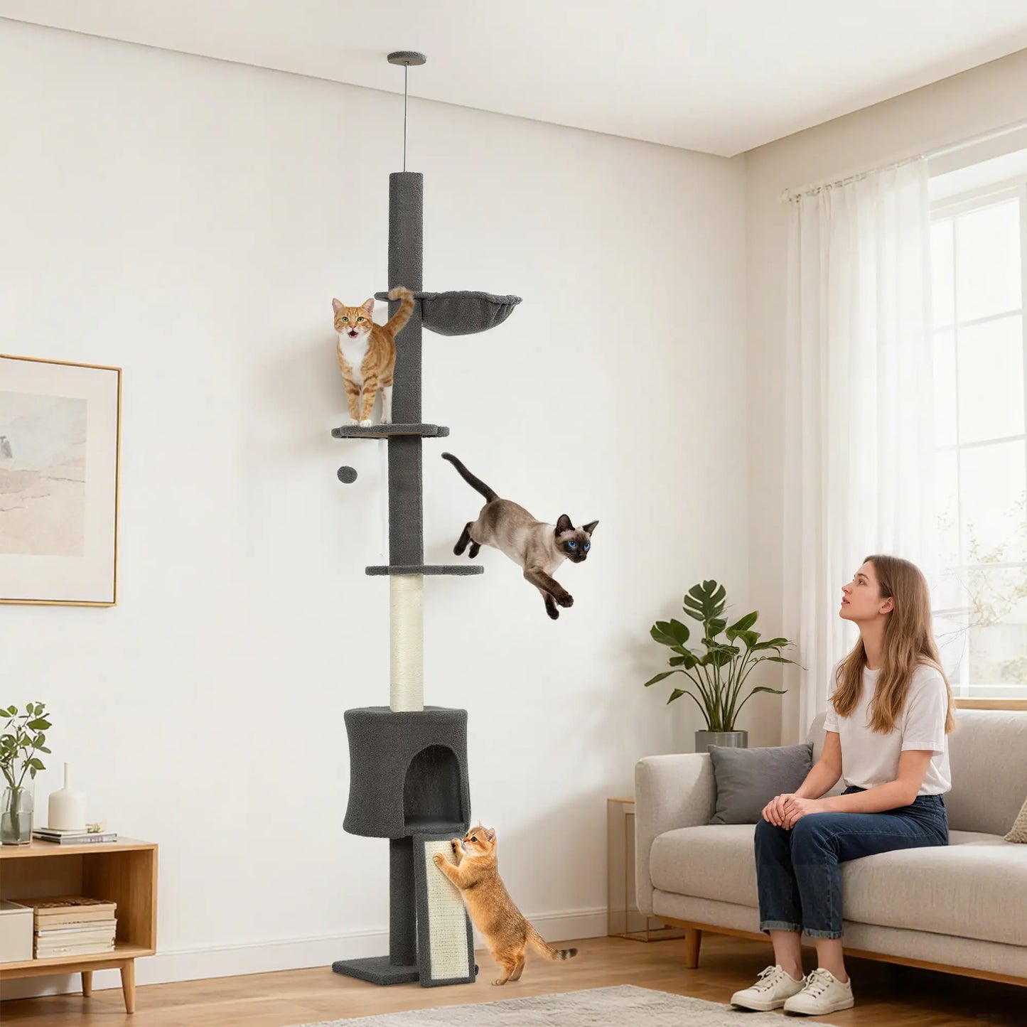 87"-94.5" Floor to Ceiling Cat Tree with Sisal Scratching Post, Condo, Hammock, Ramp, Perches, Dark Grey Floor to Ceiling Cat Trees at Gallery Canada
