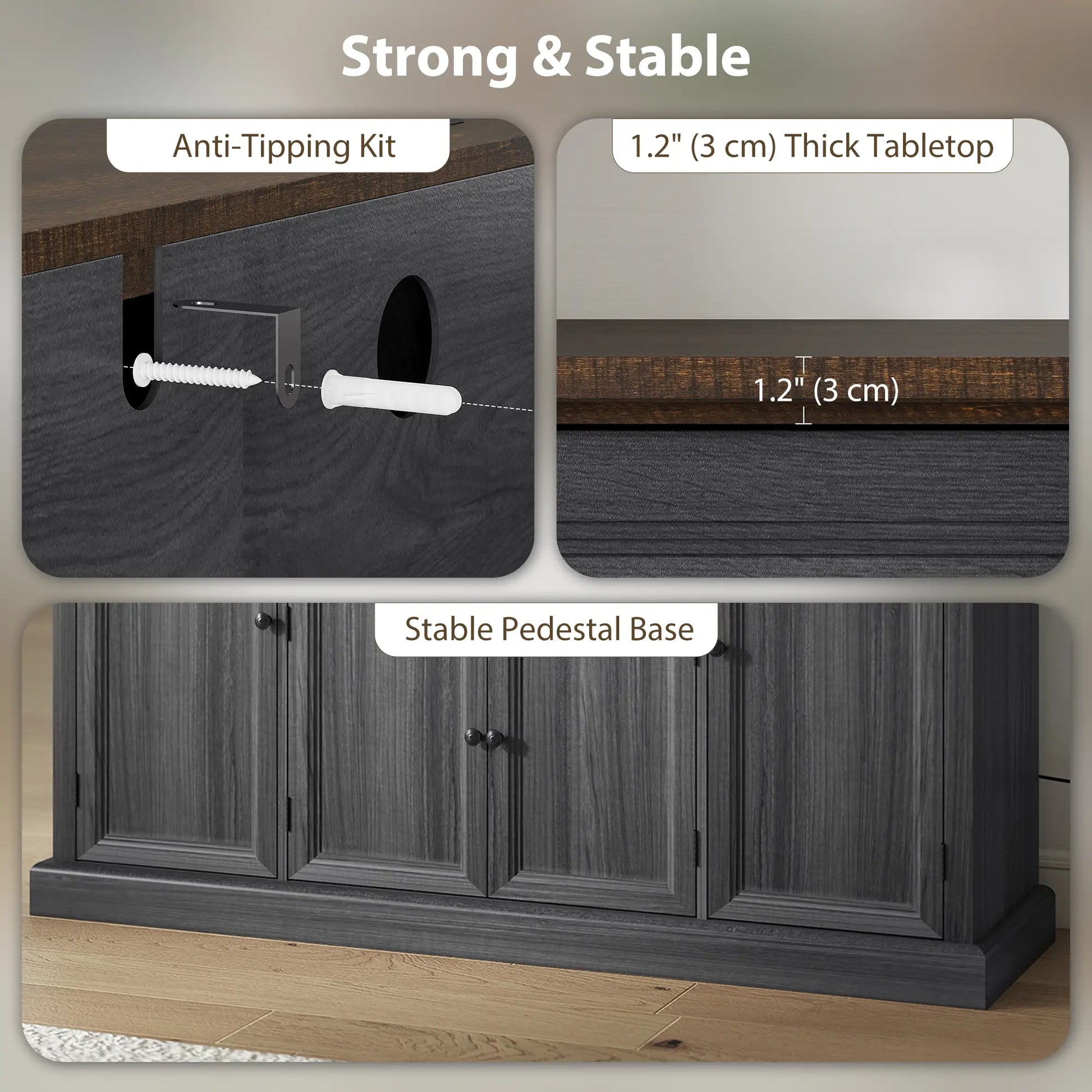 Farmhouse Sideboard with Charging Station, 58 Inch Buffet Cabinet, 2 Soft Close Drawers, Black Storage Cabinets at Gallery Canada