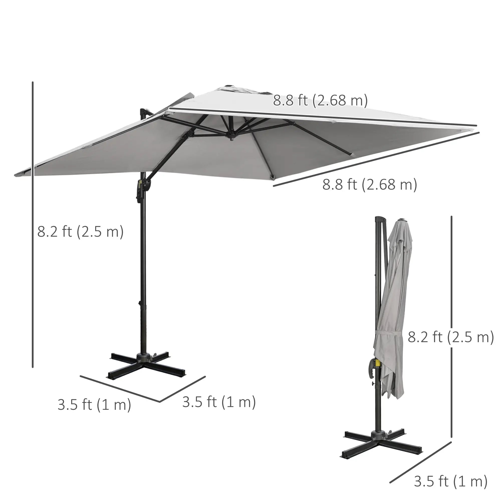 9ft Square Cantilever Patio Umbrella, Cross Base, Crank Handle, Light Grey Offset Cantilever Umbrellas at Gallery Canada