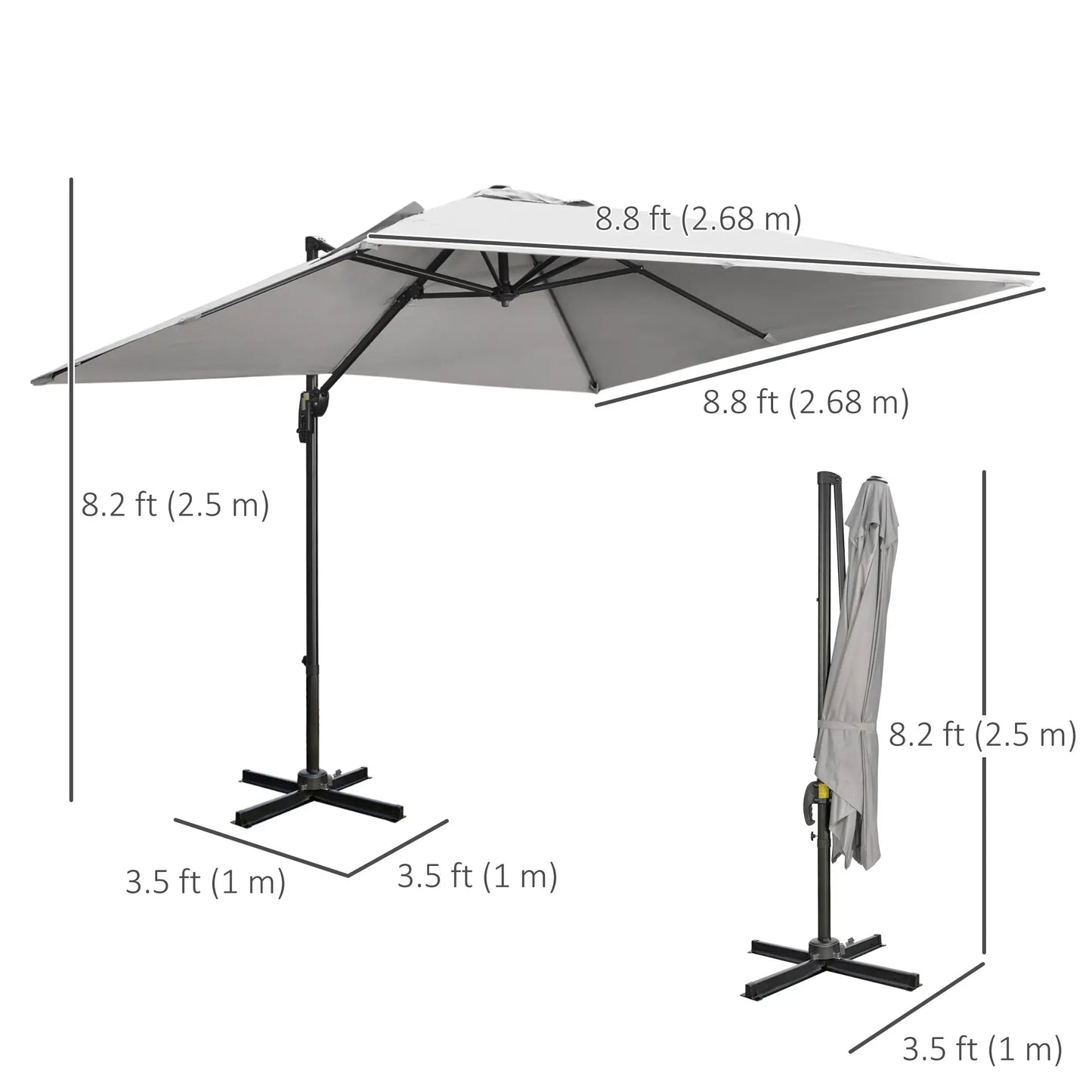 9ft Square Cantilever Patio Umbrella, Cross Base, Crank Handle, Light Grey Offset Cantilever Umbrellas at Gallery Canada