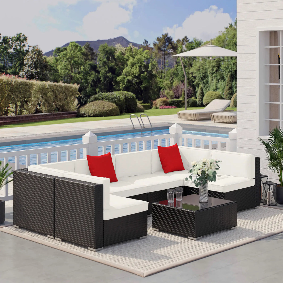 7 Piece Patio Sofa Set, Outdoor Wicker Sectional, Dark Brown & Beige, Dark Brown & Beige Patio Furniture Sets at Gallery Canada