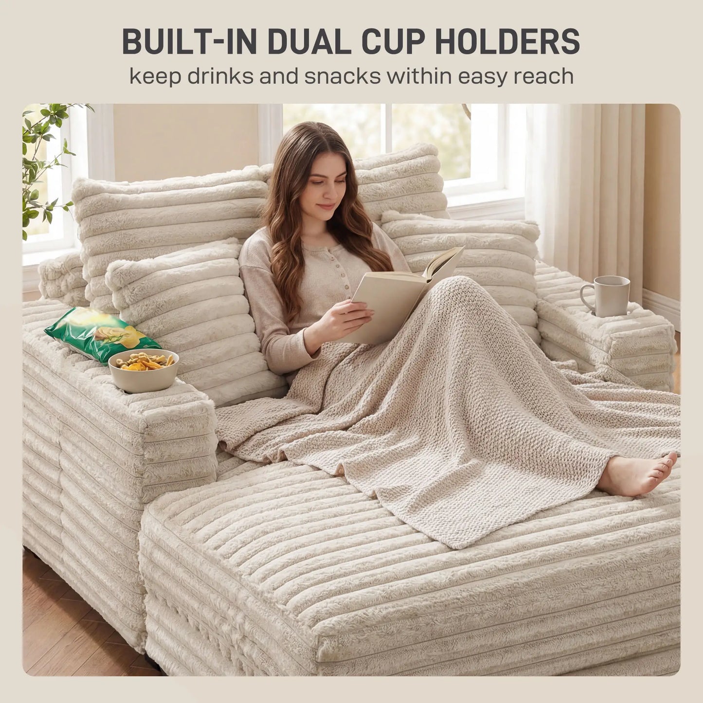 60" Chaise Lounge Chair, Upholstered Sofa Bed With Cup Holders, Beige Sofas & Reclining Chairs at Gallery Canada