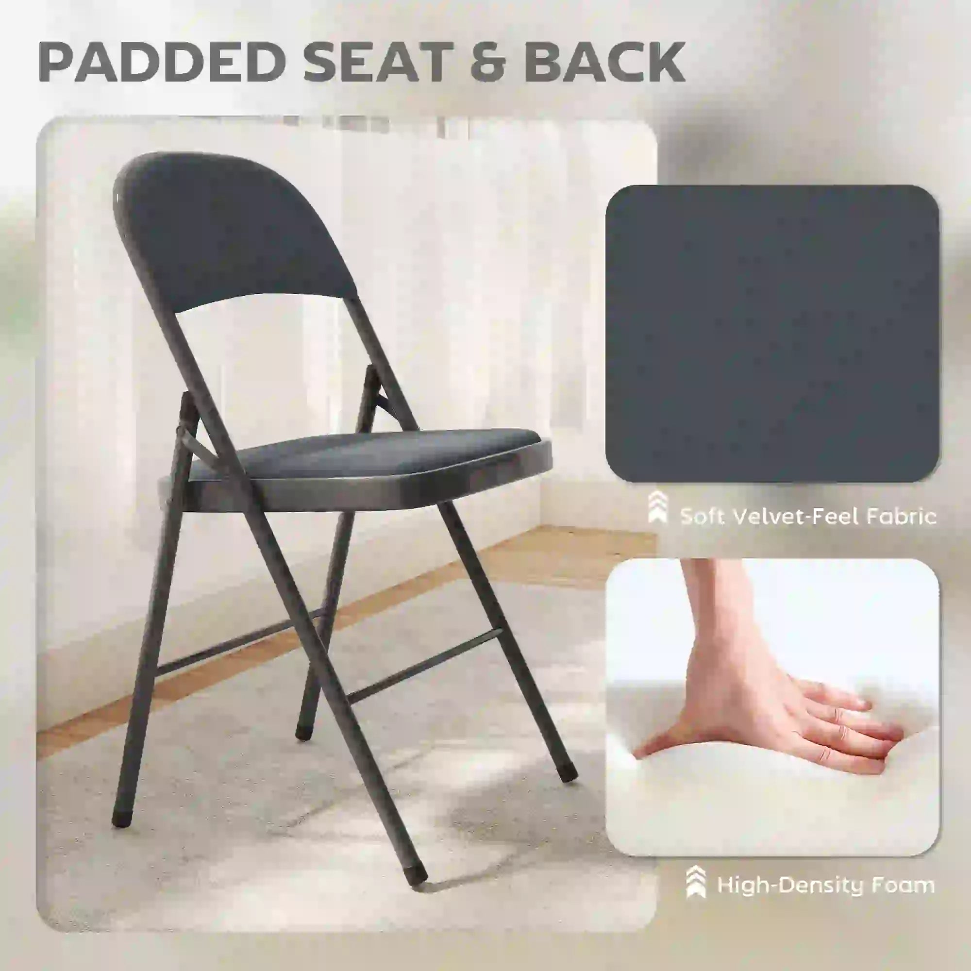 4 Pack Folding Chairs, Padded Seats, Velvet, Steel Frame, Dark Grey Dining Chairs at Gallery Canada