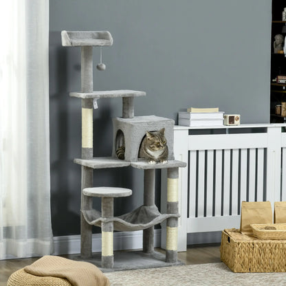 56" Tall Cat Tree, Multi-Level Tower with Hammock, Bed, Condo, Sisal Scratching Posts, Grey Cat Towers at Gallery Canada