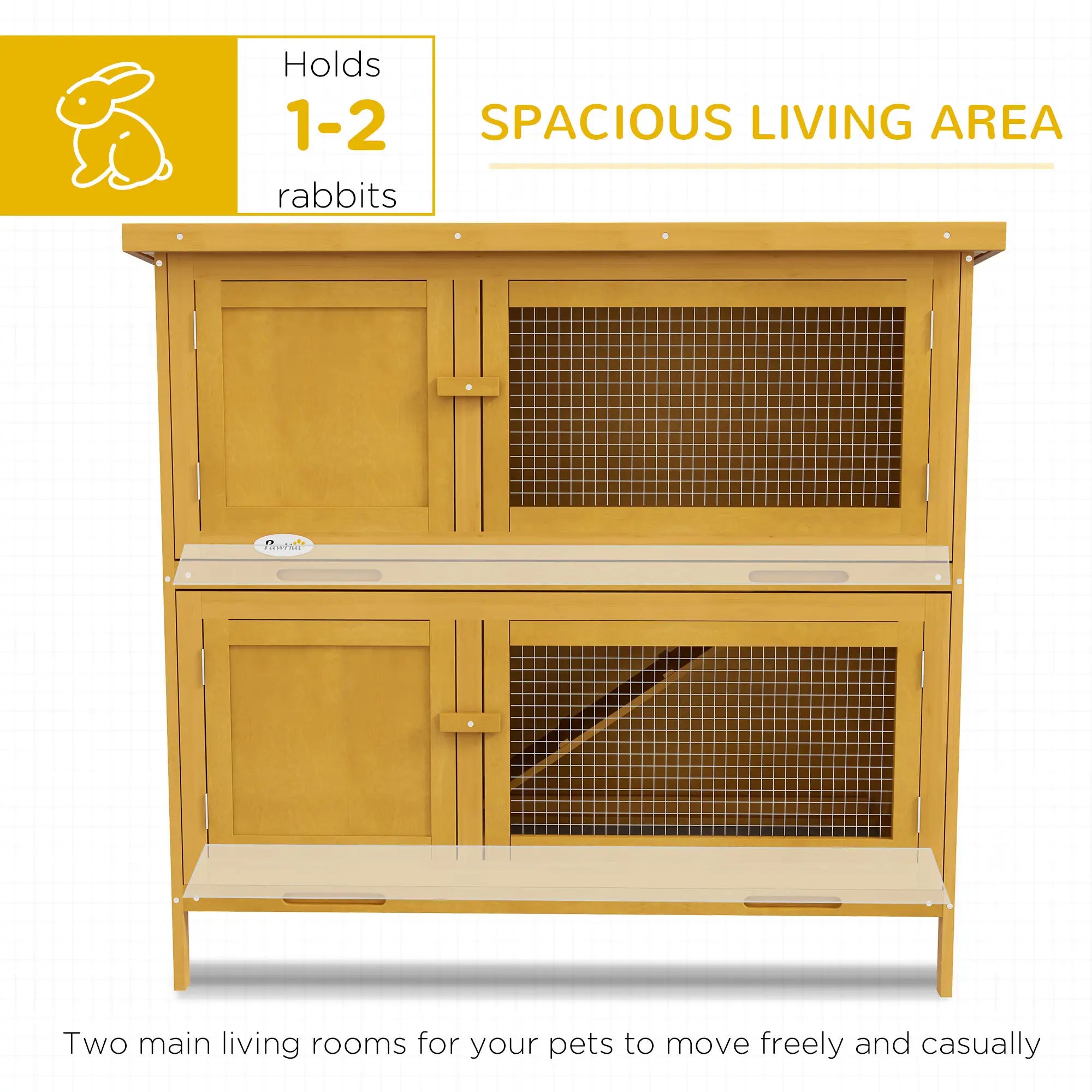 Wood Rabbit Hutch, 2 Large Main House, Ramp, Trays, Yellow Rabbit Hutch at Gallery Canada
