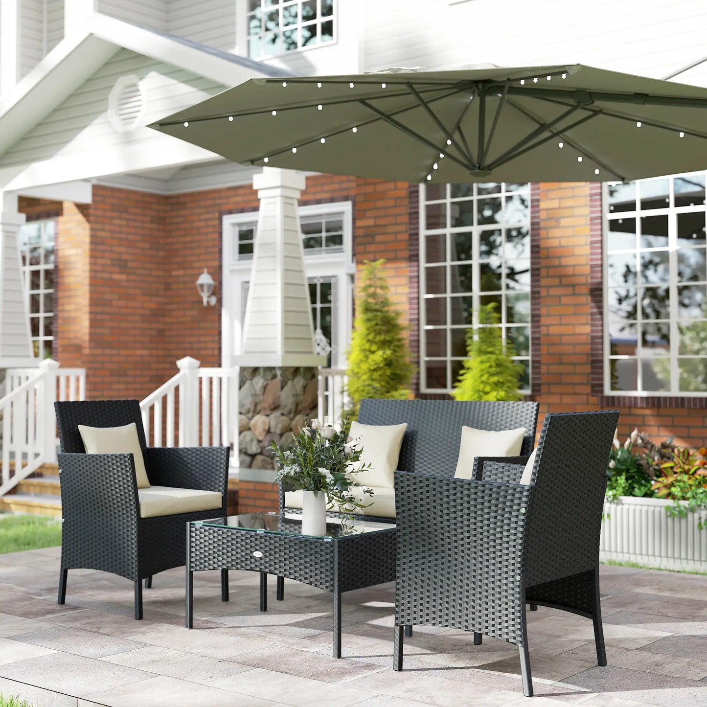 4-Piece Rattan Patio Set, Coffee Table, 22.8" W x 21.7" D x 33.5" H, Black Cream Patio Furniture Sets at Gallery Canada