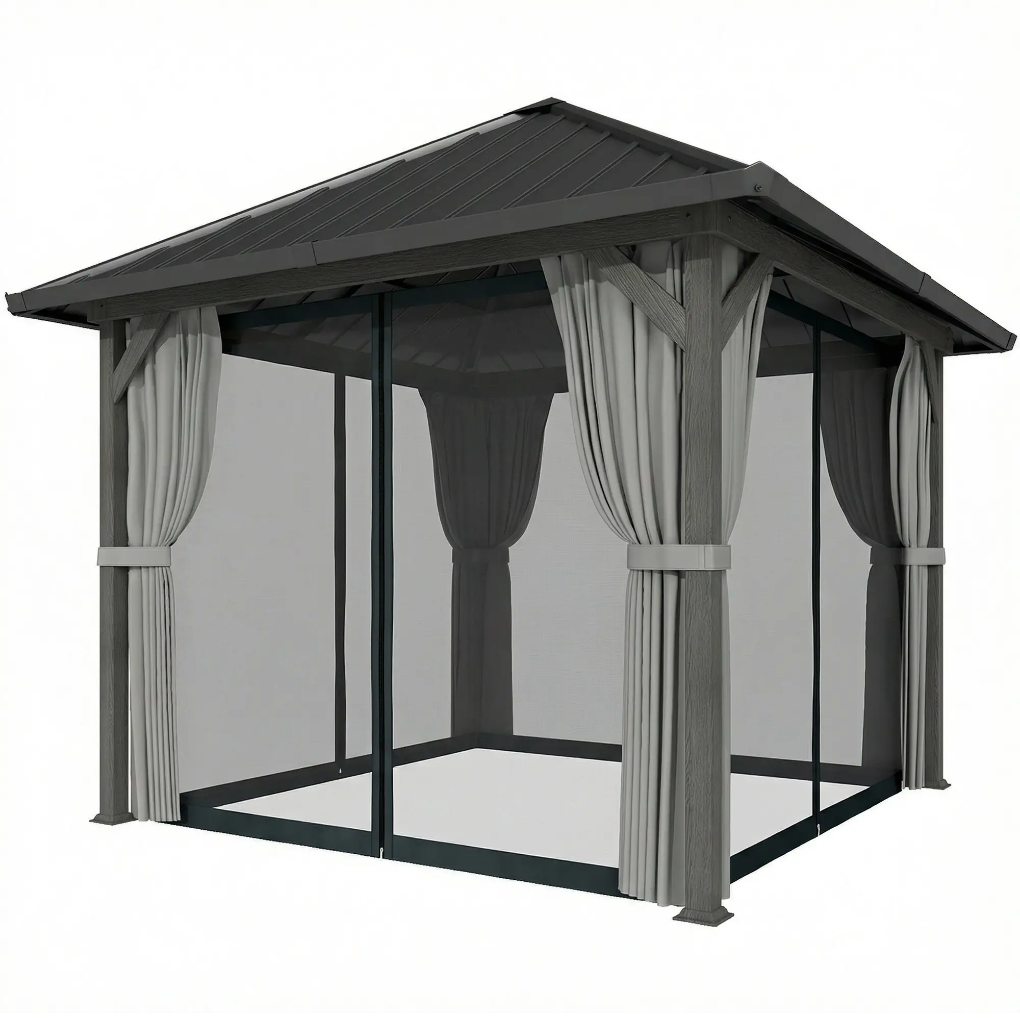 10' X 10' Hardtop Gazebo With Steel Roof, Netting & Curtains, Steel Gazebos Dark Grey, Light Grey at Gallery Canada
