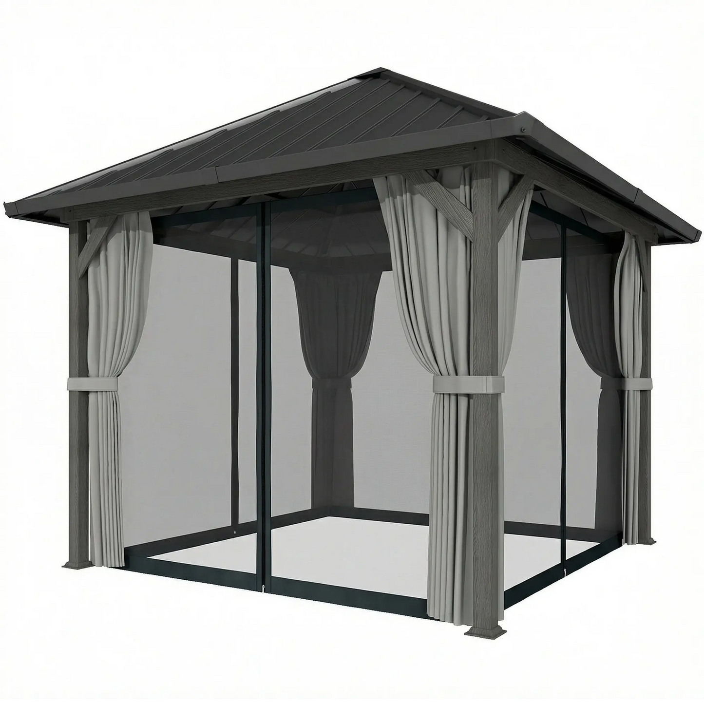 10' X 10' Hardtop Gazebo With Steel Roof, Netting & Curtains, Steel Gazebos Dark Grey, Light Grey at Gallery Canada