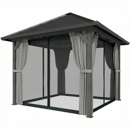 10' X 10' Hardtop Gazebo With Steel Roof, Netting & Curtains, Steel Gazebos Dark Grey, Light Grey at Gallery Canada