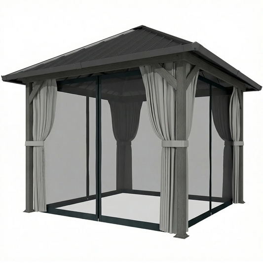 10' X 10' Hardtop Gazebo With Steel Roof, Netting & Curtains, Steel Gazebos Dark Grey, Light Grey at Gallery Canada