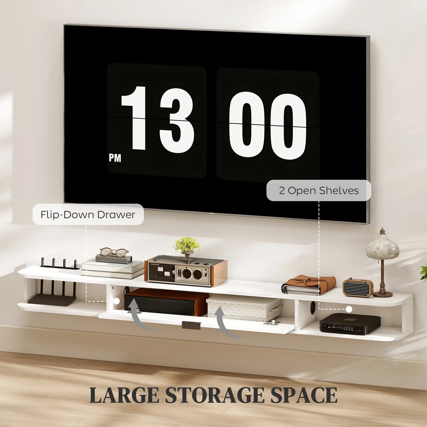 Support TV flottant de 71 pouces, console multimédia murale, blanc