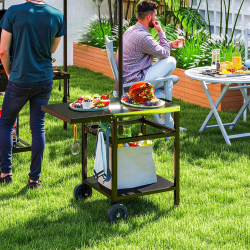 Outdoor Grill Cart With Stainless Steel Top, Foldable Side Table, Black