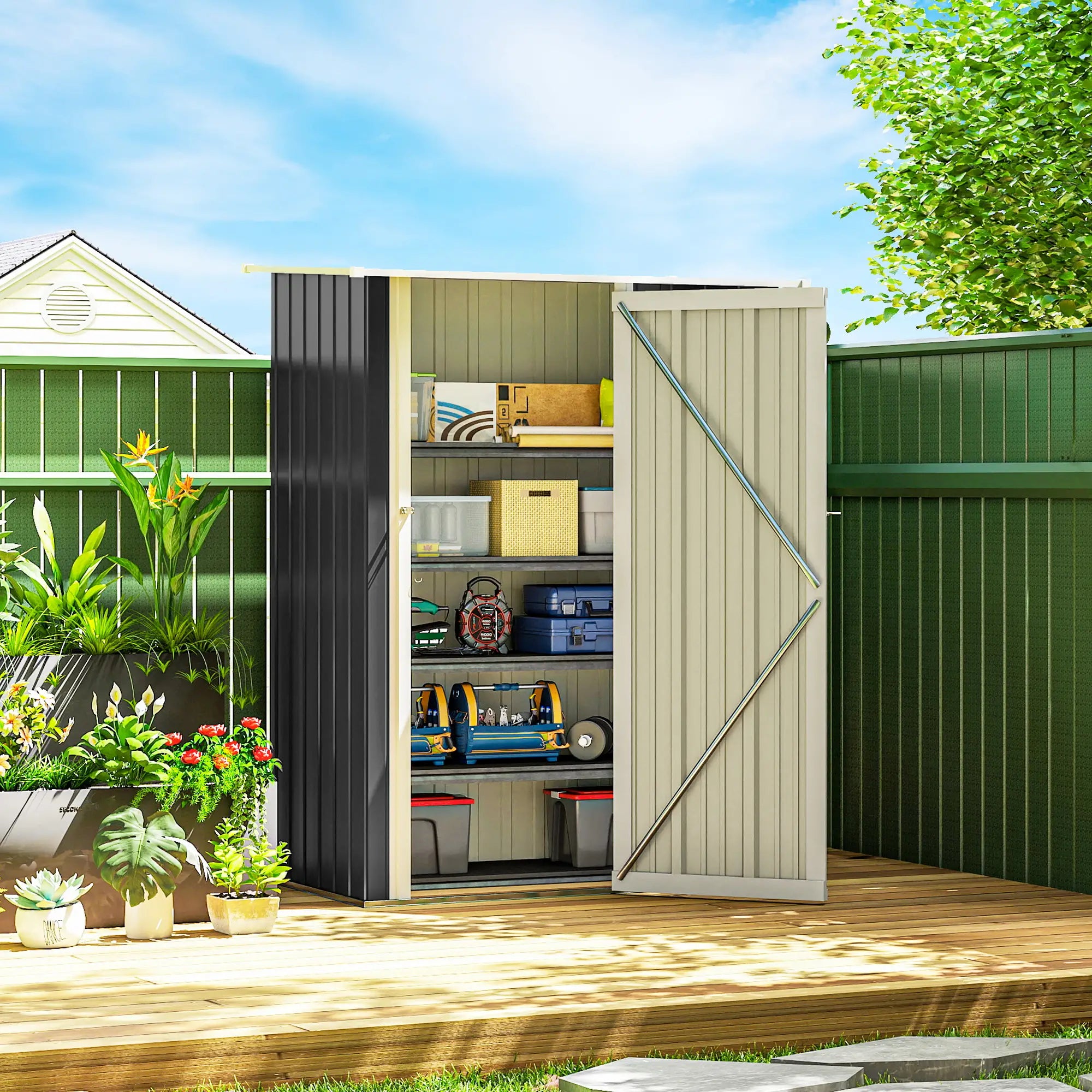 5 x 3ft Metal Garden Shed, Sloped Roof, Lockable Door, Grey Sheds at Gallery Canada